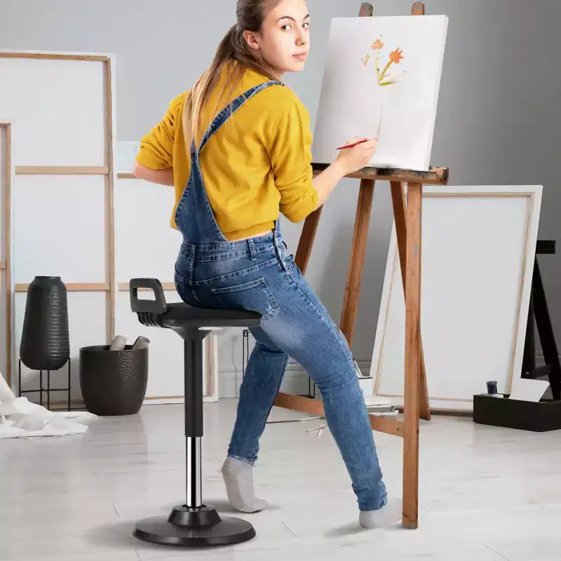 Height-Adjustable Active Chair with Handle – Wobble Seat with 8° Tilt, Elastic Fabric & 45mm Foam Cushion, Black