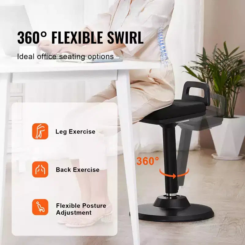 Height-Adjustable Active Chair with Handle – Wobble Seat with 8° Tilt, Elastic Fabric & 45mm Foam Cushion, Black