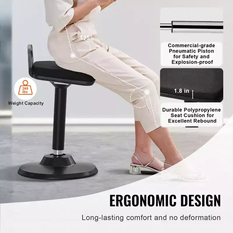 Height-Adjustable Active Chair with Handle – Wobble Seat with 8° Tilt, Elastic Fabric & 45mm Foam Cushion, Black