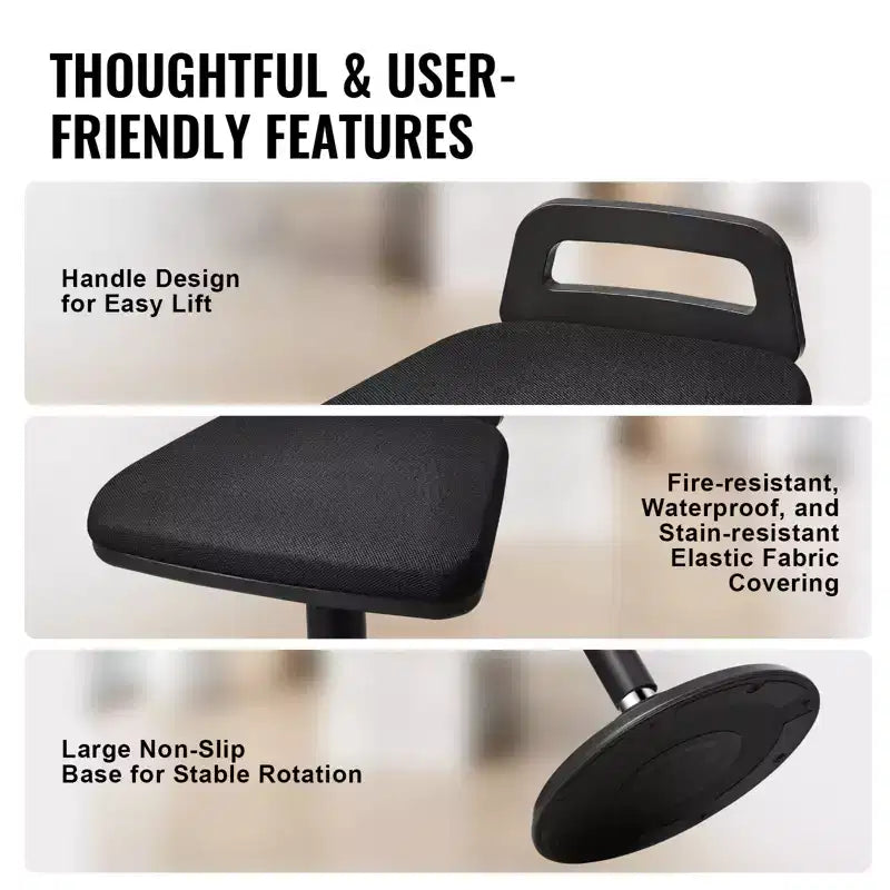 Height-Adjustable Active Chair with Handle – Wobble Seat with 8° Tilt, Elastic Fabric & 45mm Foam Cushion, Black