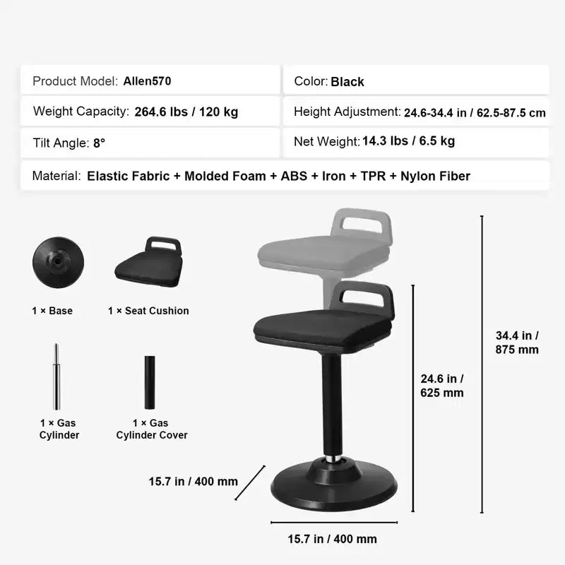 Height-Adjustable Active Chair with Handle – Wobble Seat with 8° Tilt, Elastic Fabric & 45mm Foam Cushion, Black