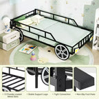 Twin Car-Shaped Metal Bed Frame with Safety Guardrails