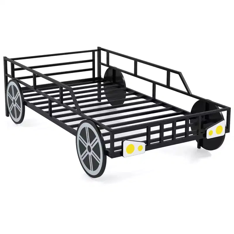 Twin Car-Shaped Metal Bed Frame with Safety Guardrails