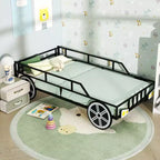 Twin Car-Shaped Metal Bed Frame with Safety Guardrails