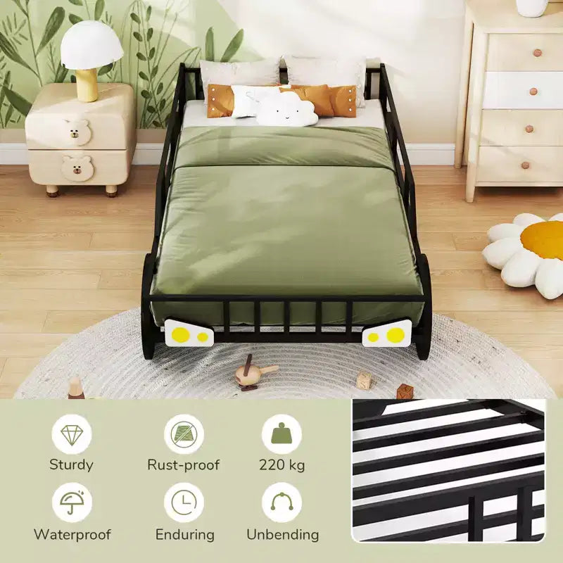 Twin Car-Shaped Metal Bed Frame with Safety Guardrails