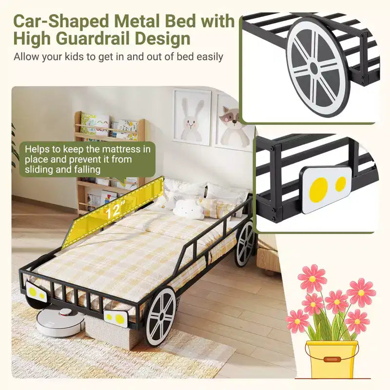 Twin Car-Shaped Metal Bed Frame with Safety Guardrails