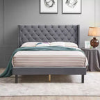Queen Platform Bed Frame with Velvet Button-Tufted Upholstered Headboard, Gray