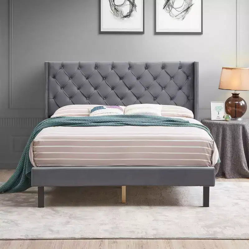 Queen Platform Bed Frame with Velvet Button-Tufted Upholstered Headboard, Gray