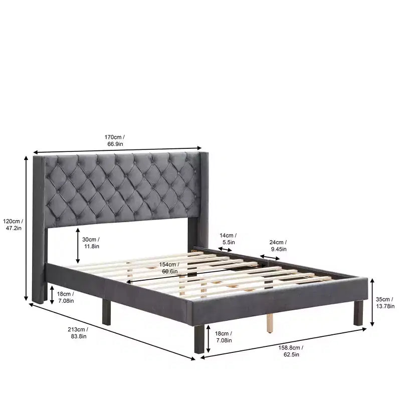 Queen Platform Bed Frame with Velvet Button-Tufted Upholstered Headboard, Gray