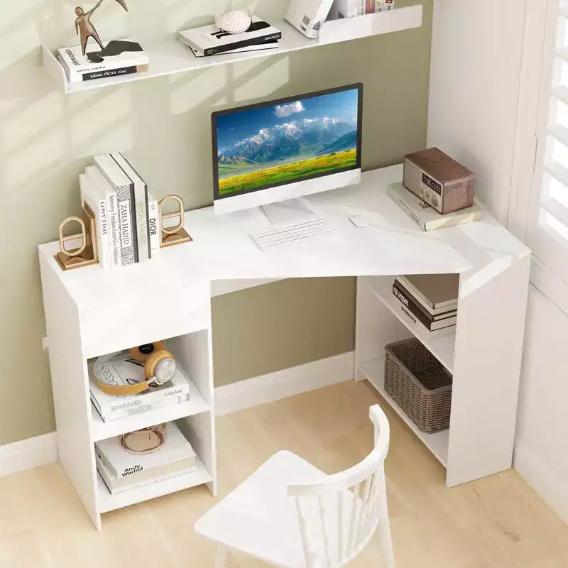 L-Shaped Computer Desk with Drawer & Storage Shelves for Home Office