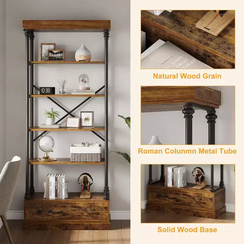 81.3" 5-Tier Bookcase with Drawer and Metal Frame