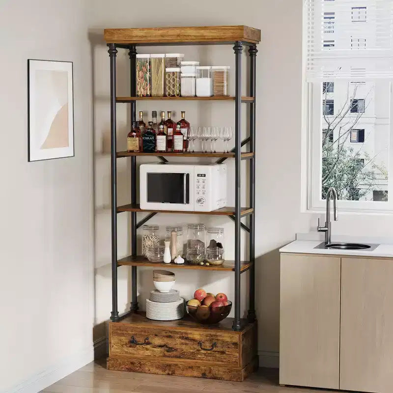 81.3" 5-Tier Bookcase with Drawer and Metal Frame