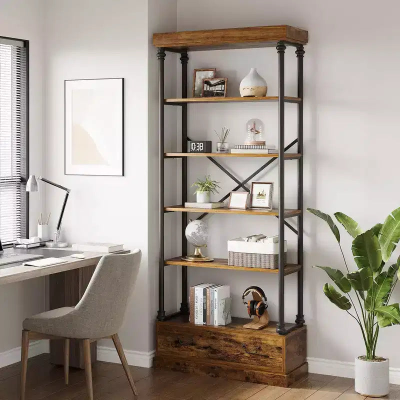 81.3" 5-Tier Bookcase with Drawer and Metal Frame