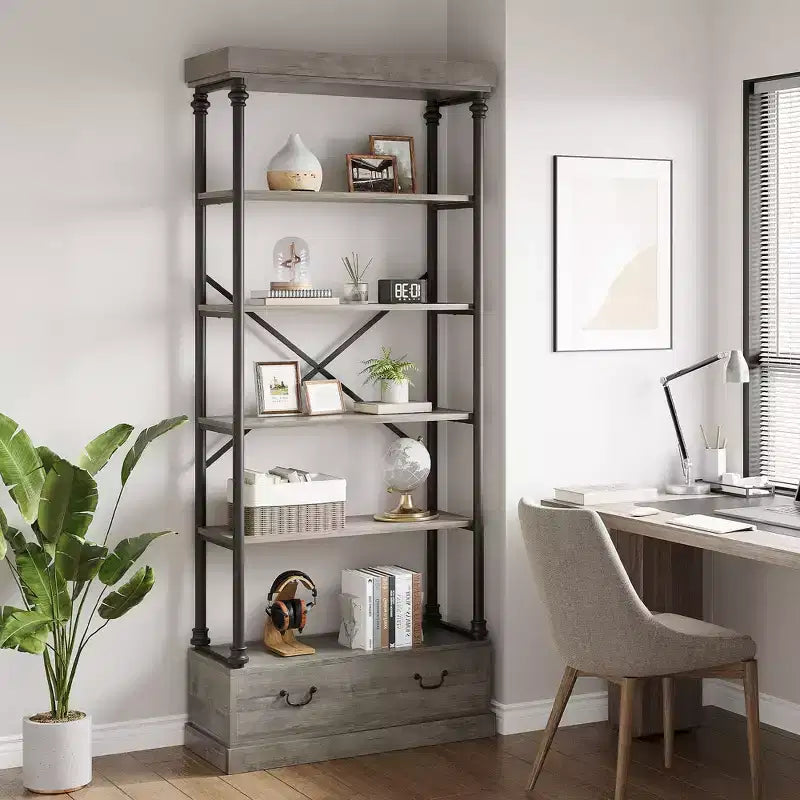 81.3" 5-Tier Bookcase with Drawer and Metal Frame