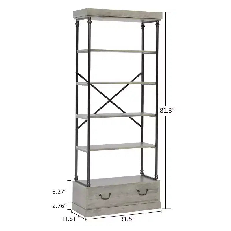 81.3" 5-Tier Bookcase with Drawer and Metal Frame