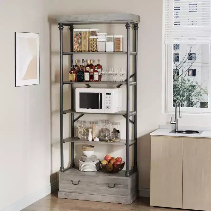 81.3" 5-Tier Bookcase with Drawer and Metal Frame
