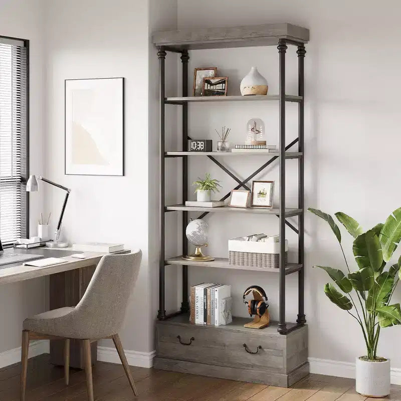 81.3" 5-Tier Bookcase with Drawer and Metal Frame