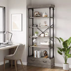 81.3" 5-Tier Bookcase with Drawer and Metal Frame