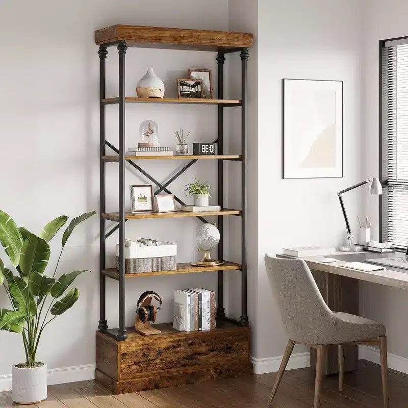 81.3" 5-Tier Bookcase with Drawer and Metal Frame