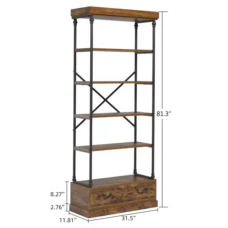 81.3" 5-Tier Bookcase with Drawer and Metal Frame