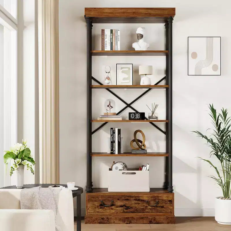81.3" 5-Tier Bookcase with Drawer and Metal Frame
