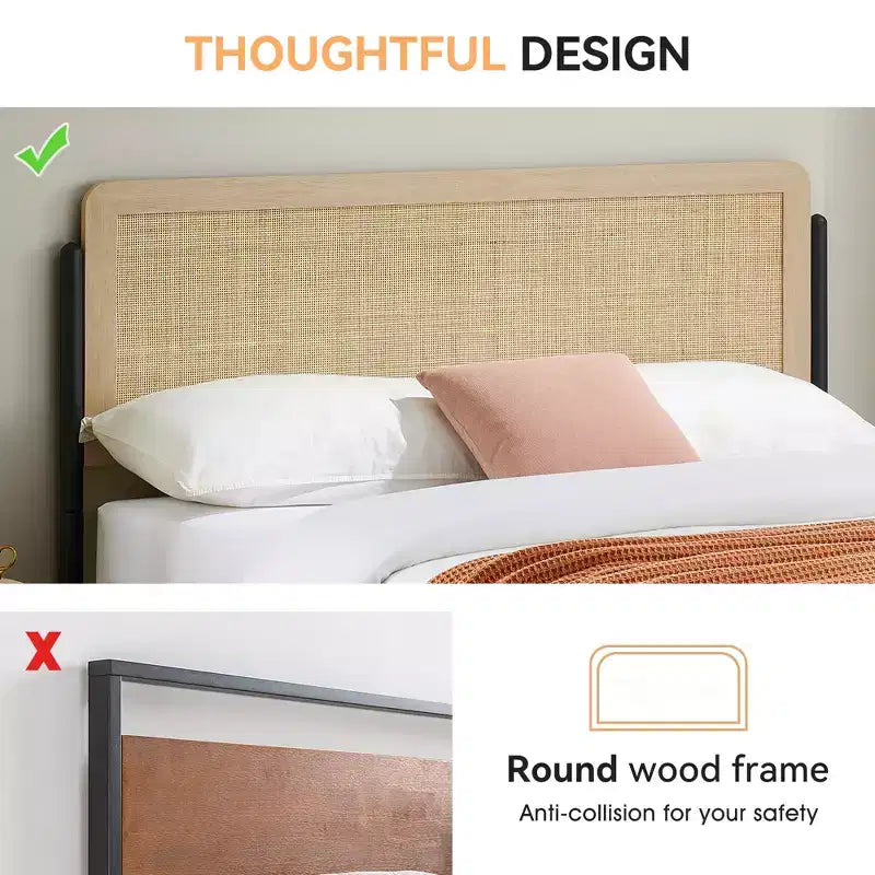 Rattan Headboard Bed Frame with Wooden Footboard and Under-Bed Storage