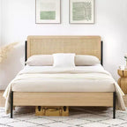 Rattan Headboard Bed Frame with Wooden Footboard and Under-Bed Storage