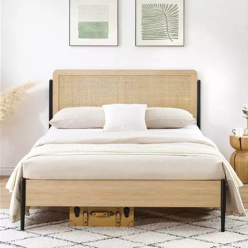 Rattan Headboard Bed Frame with Wooden Footboard and Under-Bed Storage