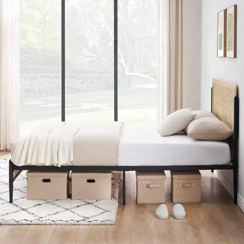 Rattan Headboard Bed Frame with Wooden Footboard and Under-Bed Storage