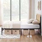 Rattan Headboard Bed Frame with Wooden Footboard and Under-Bed Storage