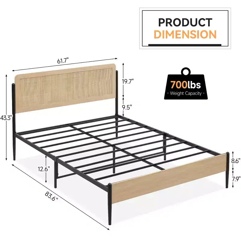 Rattan Headboard Bed Frame with Wooden Footboard and Under-Bed Storage