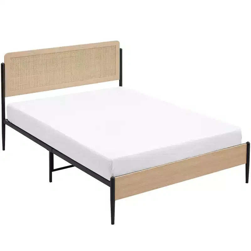 Rattan Headboard Bed Frame with Wooden Footboard and Under-Bed Storage