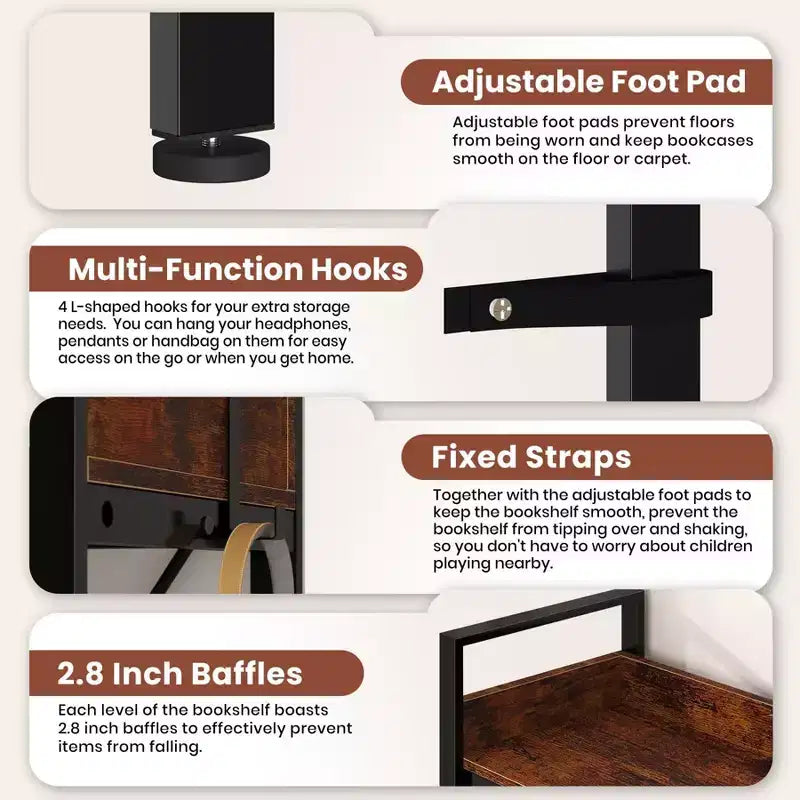5-Tier L-Shaped Corner Bookshelf with Metal Frame