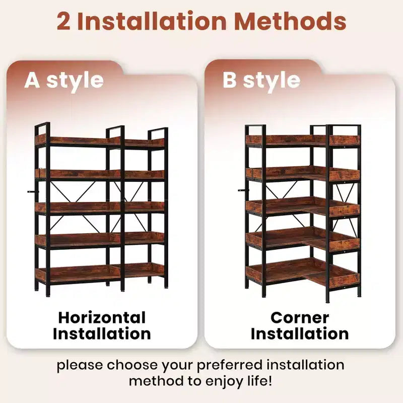 5-Tier L-Shaped Corner Bookshelf with Metal Frame