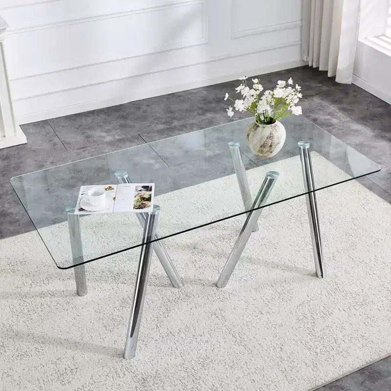 71-Inch Tempered Glass Dining Table with Metal Legs