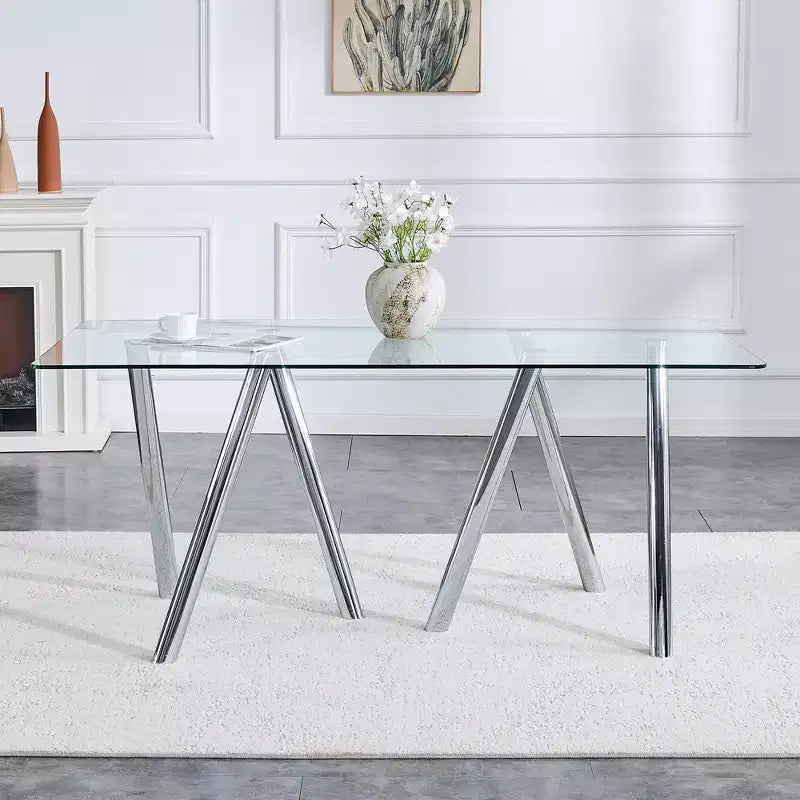 71-Inch Tempered Glass Dining Table with Metal Legs
