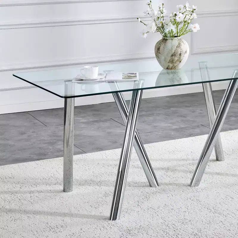 71-Inch Tempered Glass Dining Table with Metal Legs