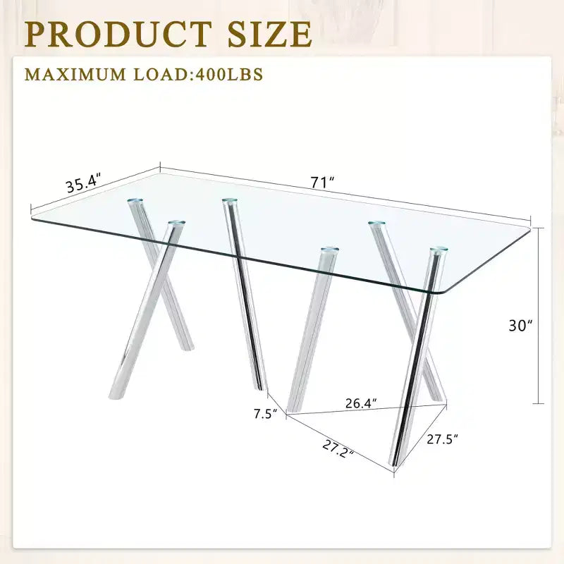 71-Inch Tempered Glass Dining Table with Metal Legs
