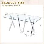 71-Inch Tempered Glass Dining Table with Metal Legs