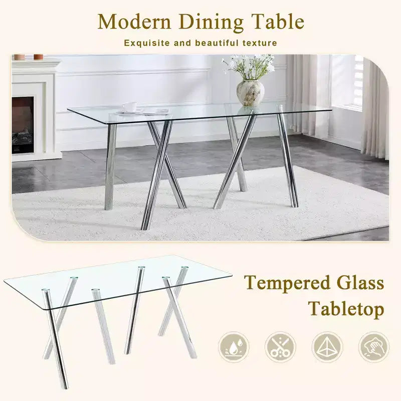 71-Inch Tempered Glass Dining Table with Metal Legs