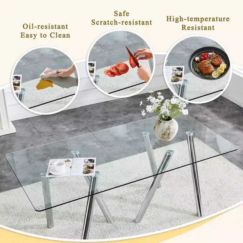 71-Inch Tempered Glass Dining Table with Metal Legs