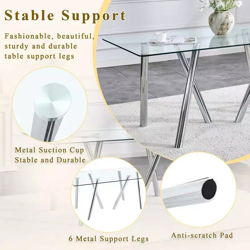 71-Inch Tempered Glass Dining Table with Metal Legs