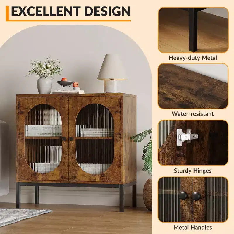Rattan Buffet Cabinet with Doors and Shelves, Wood Sideboard for Dining Room and Kitchen