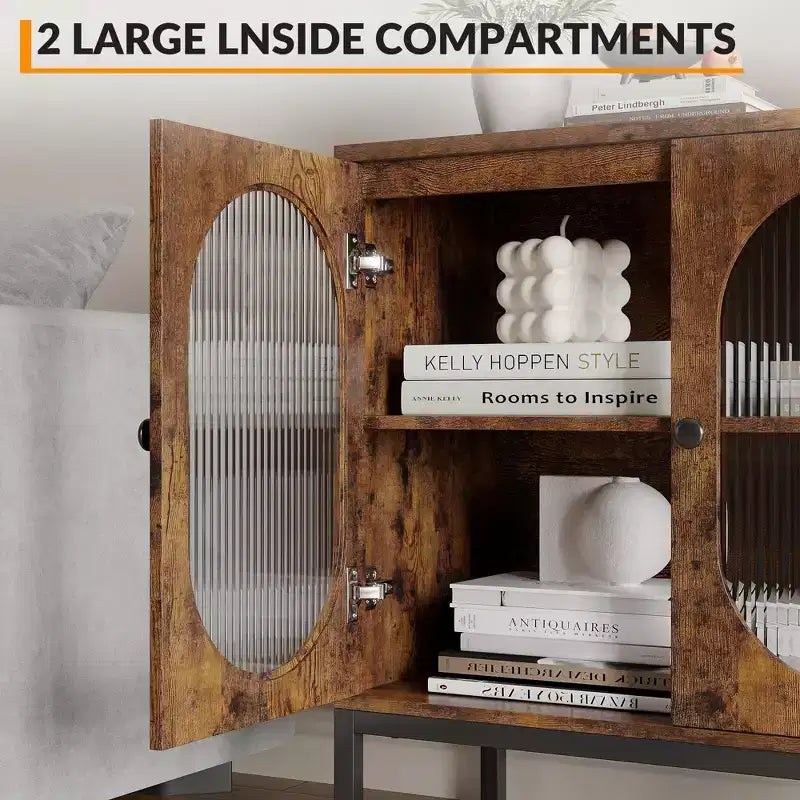 Rattan Buffet Cabinet with Doors and Shelves, Wood Sideboard for Dining Room and Kitchen