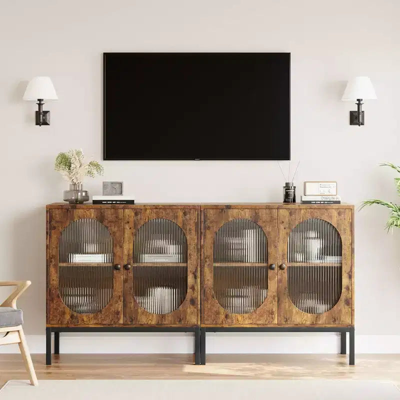 Rattan Buffet Cabinet with Doors and Shelves, Wood Sideboard for Dining Room and Kitchen