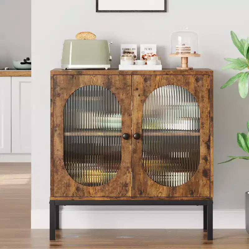 Rattan Buffet Cabinet with Doors and Shelves, Wood Sideboard for Dining Room and Kitchen
