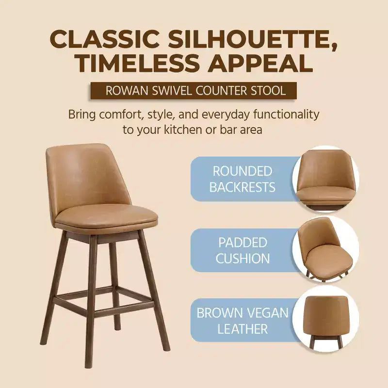 26-Inch Swivel Counter Stool in Walnut Finish with Brown Vegan Leather Seat