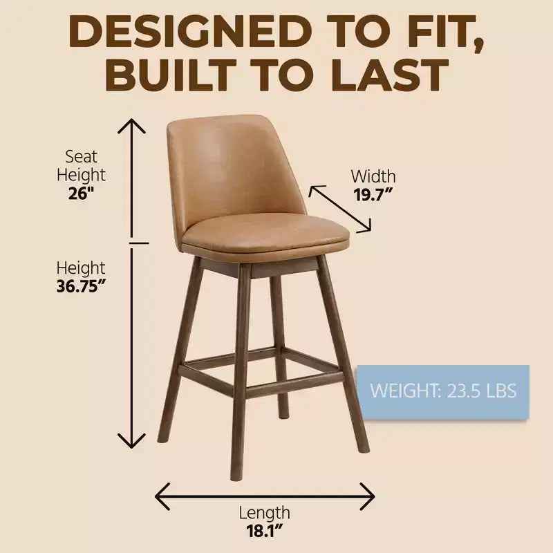 26-Inch Swivel Counter Stool in Walnut Finish with Brown Vegan Leather Seat