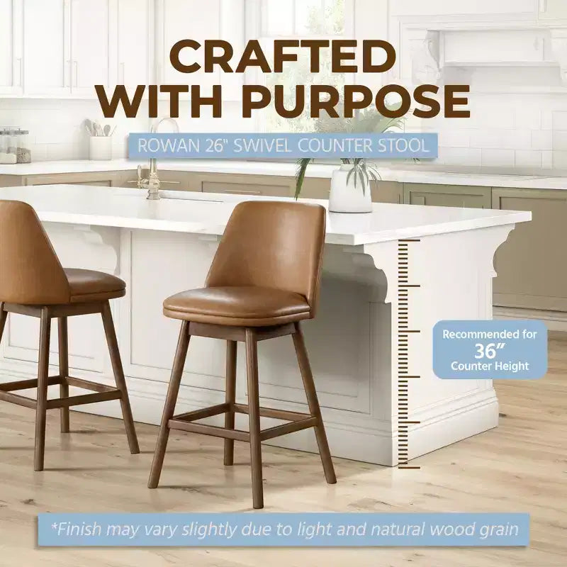26-Inch Swivel Counter Stool in Walnut Finish with Brown Vegan Leather Seat