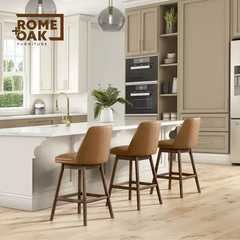 26-Inch Swivel Counter Stool in Walnut Finish with Brown Vegan Leather Seat